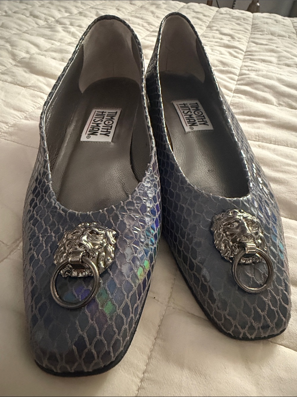 Timothy Hitsman Iridescent Blue Snakeskin Lion-Embellished Flats